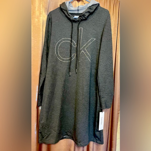 Calvin Klein Tops - - Calvin Klein Women's Logo Studded Hoodie Dress  NWT- Charcoal L